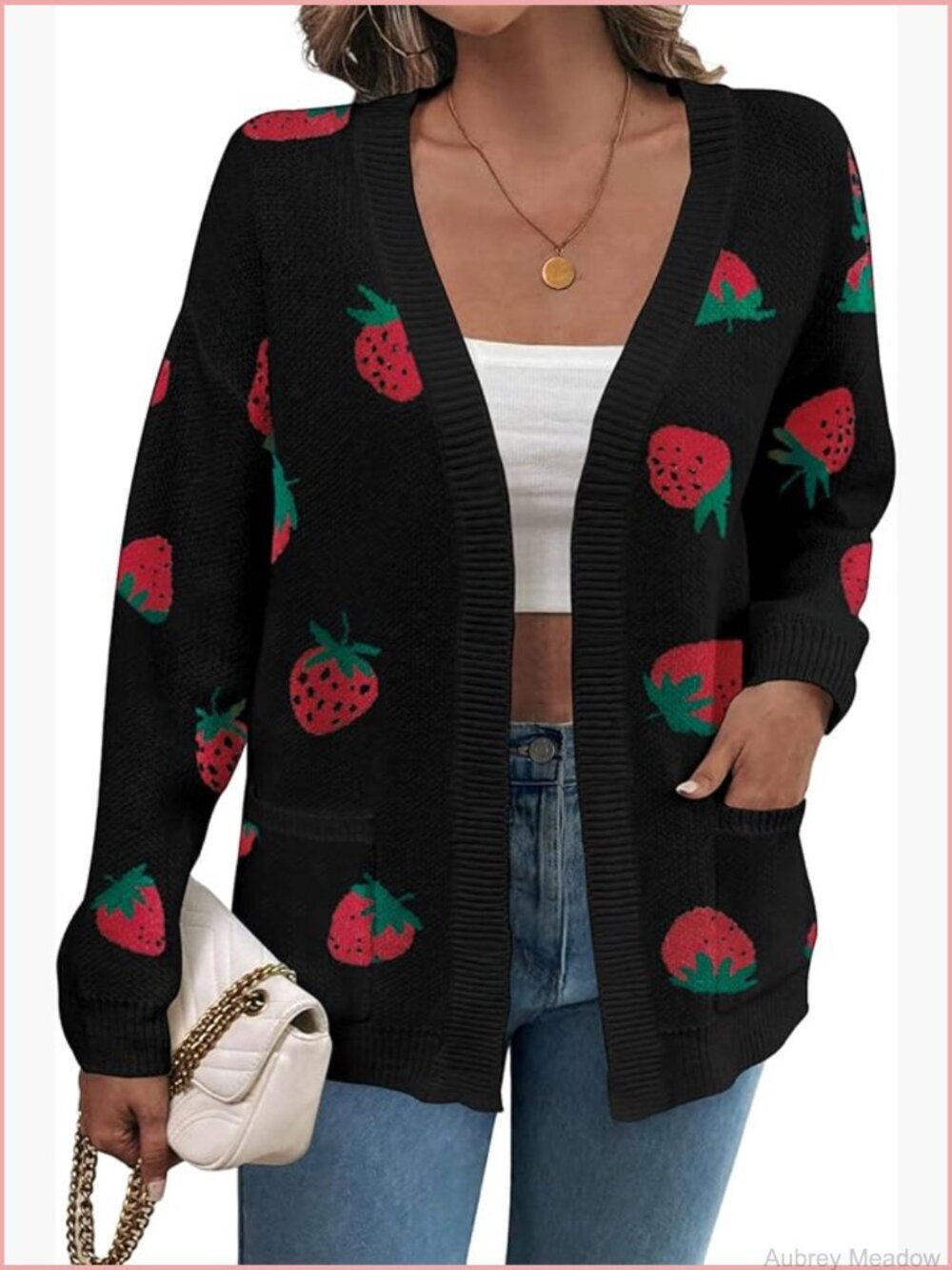Strawberry Pattern Cardigan Sweater Long Sleeve Open Front Knit with Pockets